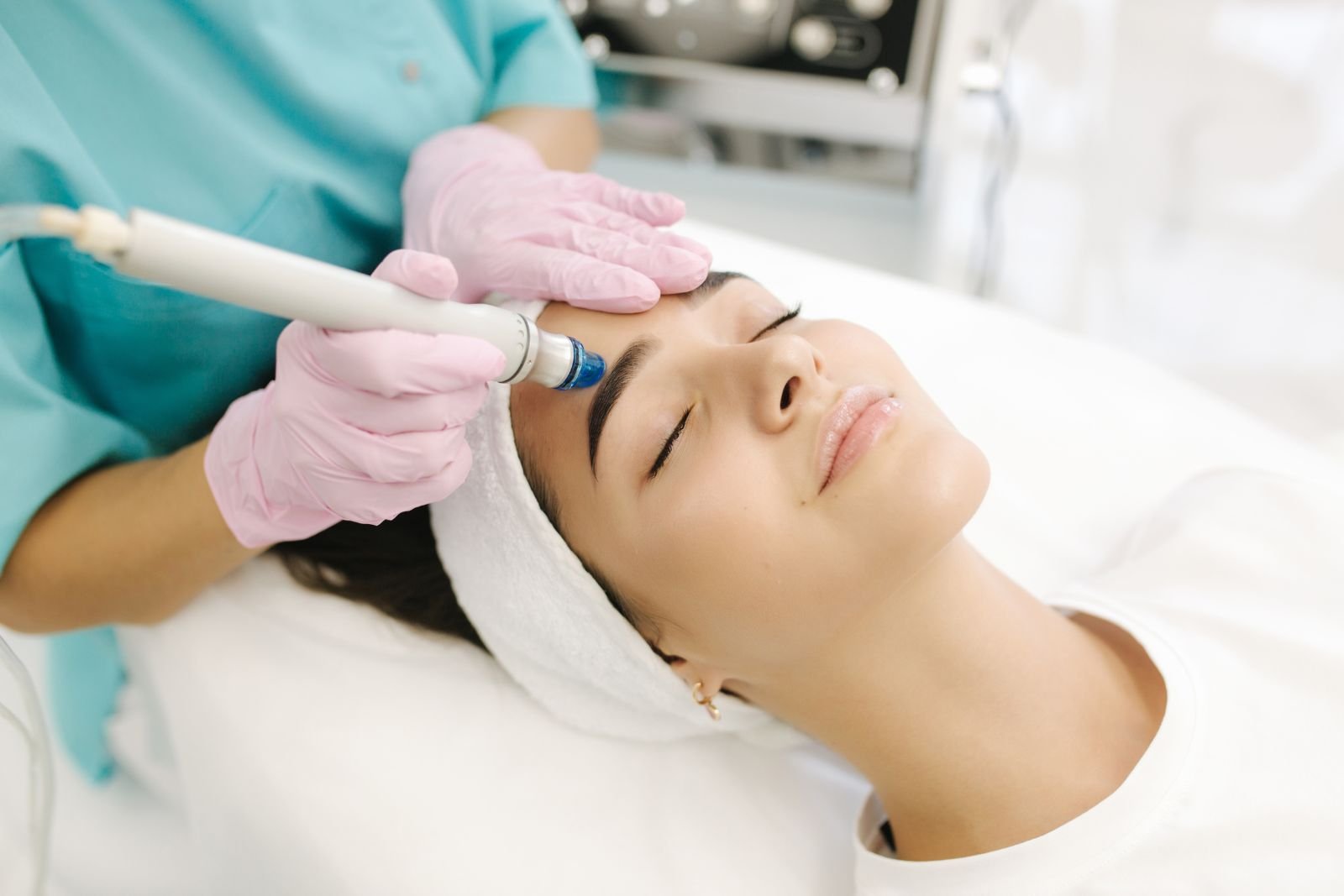 Close up of woman getting facial hydro microdermabrasion